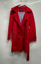 Load image into Gallery viewer, London Fog Womens Red Double Breasted Hooded Trench Coat w/ Classic Flaps Sz PM