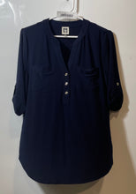 Load image into Gallery viewer, Anne Klein Womens Blue Split V-Neck 3/4 Sleeve Chest Pocket Blouse Top Size M