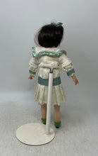 Load image into Gallery viewer, Vintage Brown Hair Ceramic Play Doll In Removable Outfit With Display Stand