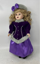 Load image into Gallery viewer, Blonde Curly Hair Blue Eyes Collectible Porcelain Doll With Purple Outfit
