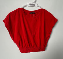 Load image into Gallery viewer, Zara Womens Red Cotton Cap Sleeve Crew Neck Cropped Blouse Top Size Small
