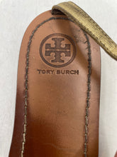 Load image into Gallery viewer, Authentic Tory Burch Womens Lowell Gold Brown Ankle Strap Sandal Sz 9.5M Stained