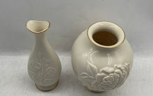 Load image into Gallery viewer, Set Of 2 Pcs Lenox Rose Floral Embossed Ceramic Cream Gold Trim Tabletop Vase