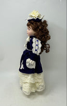 Load image into Gallery viewer, Vintage Collectible Brown Curly Hair Porcelain Doll In Victorian Dress w/ Stand