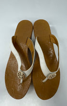 Load image into Gallery viewer, Authentic Tory Burch Womens White Brown Wedge Thong Sandals Size 6M Damaged