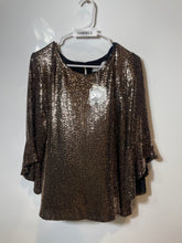 Load image into Gallery viewer, Kasper Womens Black Gold Sequin 3/4 Bell Sleeve Keyhole Blouse Top Sz 1X w/ Tag