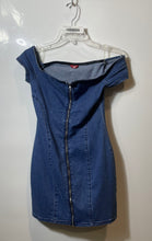 Load image into Gallery viewer, Guess Womens Blue Denim Off The Shoulder Front Zipper Mini Dress Size Medium