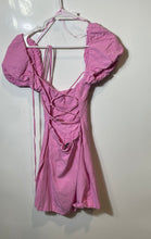 Load image into Gallery viewer, Zara Womens Pink Short Puff Sleeve Square Neck Lace Back Mini Dress Size S
