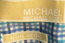 Load image into Gallery viewer, Michael Kors Mens Blue Gingham Long Sleeve Non-Iron Dress Shirt Size 17.5 34/35