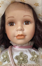 Load image into Gallery viewer, Brown Hair And Eyes Vintage Style Porcelain Doll With Cream Dress Hat & Purse