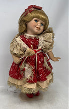 Load image into Gallery viewer, Vintage Antique Blonde Hair Blue Eyes Porcelain Doll With Heart Shaped Lollipop