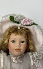 Load image into Gallery viewer, Vintage Brown Hair Green Eyes Porcelain Doll In Pink Victorian Dress With Hat