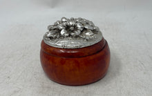 Load image into Gallery viewer, Vintage Brown Wooden Round Trinket Box With A Floral Engraved Metal Lid