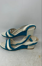 Load image into Gallery viewer, Majora Womens White Blue Leather Buckle Wedge Heel Ankle Strap Heels Size 39