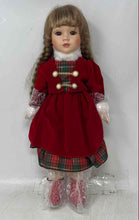 Load image into Gallery viewer, Blonde Hair Brown Eyes Collectible Holiday Porcelain Doll With Red Outfit