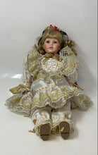 Load image into Gallery viewer, William Tung Christmas Collector Porcelain Doll With White And Gold Dress