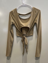 Load image into Gallery viewer, Forever 21 Womens Beige Ribbed Long Sleeve Scoop Neck Back Tie Cropped Top Sz S