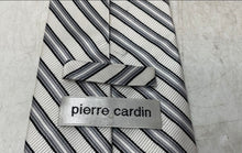 Load image into Gallery viewer, Pierre Cardin Mens White Gray Striped Keeper Loop Adjustable Designer Tie