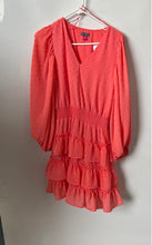 Load image into Gallery viewer, Vince Camuto Womens Peach Swiss Dot Balloon Sleeve V-Neck Ruffle Mini Dress Sz M