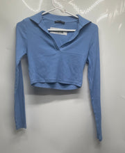 Load image into Gallery viewer, Zara Womens Blue Spread Collar Long Sleeve Cropped Polo Shirt Size Medium