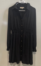 Load image into Gallery viewer, Michael Kors Womens Black Smocked Waist Long Sleeve Shirt Dress Size Medium