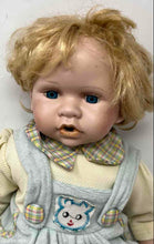 Load image into Gallery viewer, Blonde Hair Blue Eyes Decorative Porcelain Baby Doll With Plaid Overalls Outfit