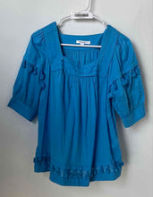 Load image into Gallery viewer, Chico's Womens Blue Short Puff Sleeve Square Neck Pom Pom Lace Blouse Top Size 1