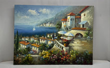 Load image into Gallery viewer, Vintage Mediterranean Coastal Scene Canvas Oil Painting Signed By T. Preston
