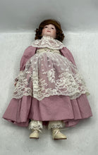Load image into Gallery viewer, Brown Curly Hair Victorian Style Porcelain Doll In Pink White Maxi Dress