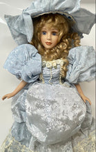 Load image into Gallery viewer, Blue Victorian Dress Blonde Curly Hair Lace Hat Light Complexion Porcelain Doll