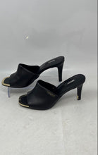 Load image into Gallery viewer, DKNY Womens Bronx Gold Black Leather Open Toe Slip-On High Mule Heels Size 9M