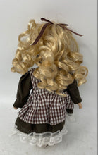 Load image into Gallery viewer, Blonde Curly Hair Brown Eyes Porcelain Doll In Removable Multicolor Dress