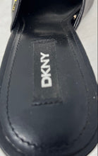 Load image into Gallery viewer, DKNY Womens Bronx Gold Black Leather Open Toe Slip-On High Mule Heels Size 9M