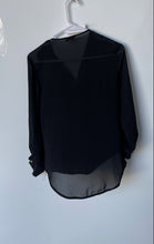 Load image into Gallery viewer, Guess Womens Black Roll Tab Sleeve 1/4 Zip V-Neck Sheer Blouse Top Size XS