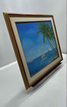 Load image into Gallery viewer, Wall Hanging Palm Trees Ocean Sailboats Blue Art Painting Signed Fran Melia