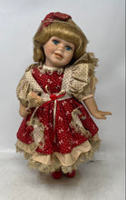 Load image into Gallery viewer, Vintage Antique Blonde Hair Blue Eyes Porcelain Doll With Heart Shaped Lollipop