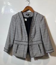 Load image into Gallery viewer, DKNY Womens Black And White Tweed Bouclé Fringe Trim Long Sleeve Blazer Size 10