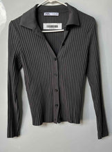 Load image into Gallery viewer, Zara Womens Gray Knitted Long Sleeve Collared Blouse Top Size Large