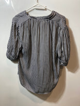 Load image into Gallery viewer, T Tahari Womens Black White Striped Puff Sleeve V-Neck Button-Up Shirt Size M