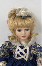 Load image into Gallery viewer, Vintage Blond Hair Gray Eyes Porcelain Girl Doll In Blue Dress & Shoes