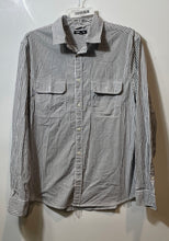 Load image into Gallery viewer, Express Mens Gray White Striped Long Sleeve Button-Up Shirt Size Medium