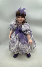 Load image into Gallery viewer, Curly Hair Brown Eyes Girl Porcelain Doll In Removable Purple White Maxi Dress
