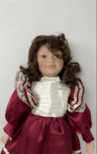 Load image into Gallery viewer, Heirloom Collection Curly Brown Hair White Burgundy Dress Porcelain Doll