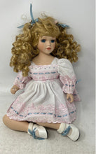 Load image into Gallery viewer, Blonde Curly Hair Blue Eyes Collectible Porcelain Doll With White Dress