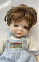 Load image into Gallery viewer, Vintage Brown Hair Blue Eyes Collectible Porcelain Baby Doll In White Blue Dress
