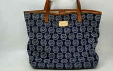 Load image into Gallery viewer, Michael Kors Womens Blue White Brown Monogram Leather Trim Magnetic Tote Bag
