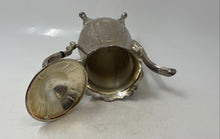 Load image into Gallery viewer, Silver Tone Floral Engraved Footed Swirl Handle Tea Pot With Hinged Lid