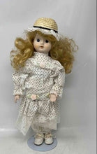 Load image into Gallery viewer, Blonde Hair Black Eye Porcelain Doll Collection With Polka Dot Dress & Hat