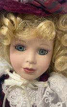 Load image into Gallery viewer, Blonde Curly Hair Vintage Style Porcelain Doll Collectible With Velvet Dress