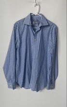 Load image into Gallery viewer, Michael Kors Mens Blue White Gingham Slim Fit Dress Shirt Size L 16 34/35